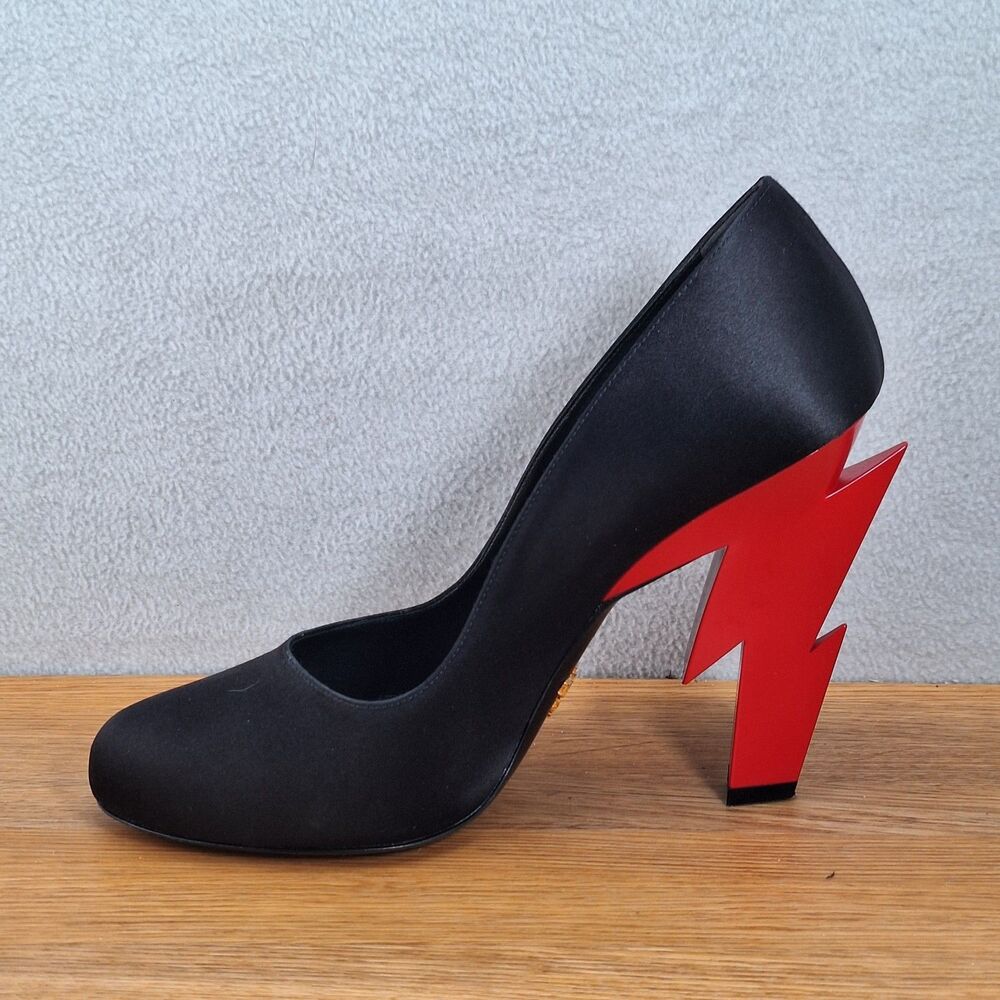 Prada *SINGLE SHOE* Satin Thunderbolt Heel Pump Women's EU 39 Red Black Italy - Picture 2 of 15